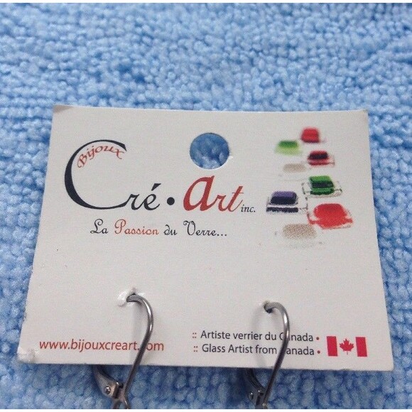 Bijoux Cre-Art Glass Square Dangle Earrings Clear Gold Color Black Canadian Art - Picture 3 of 4